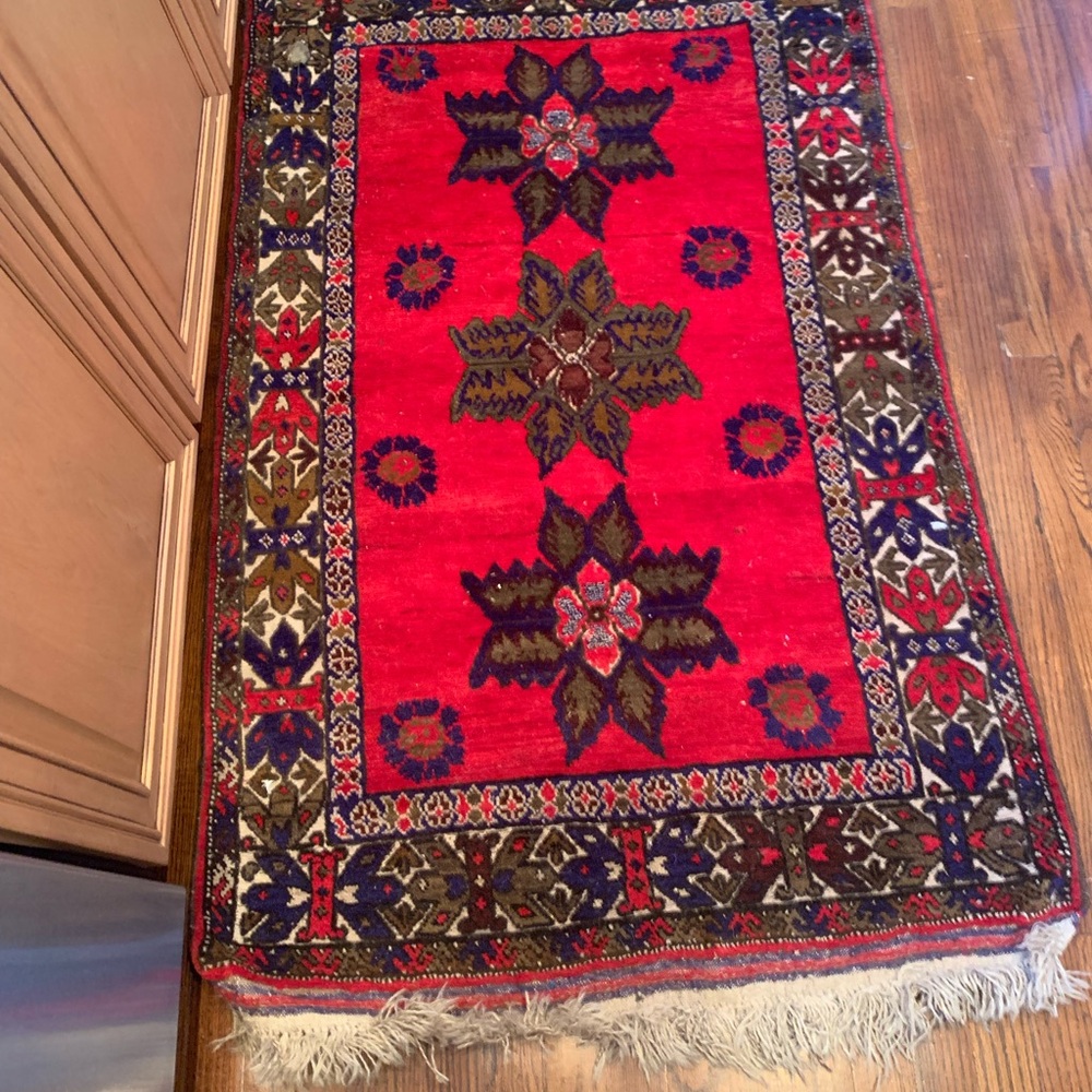 Turkish rug 55L x 34W Red, brown, blue, green, maroon, cream. 2 in fringe